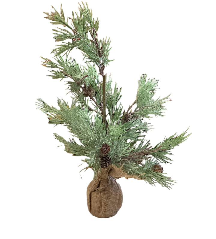 Small faux Pine Tree w/ Burlap with pinecones.