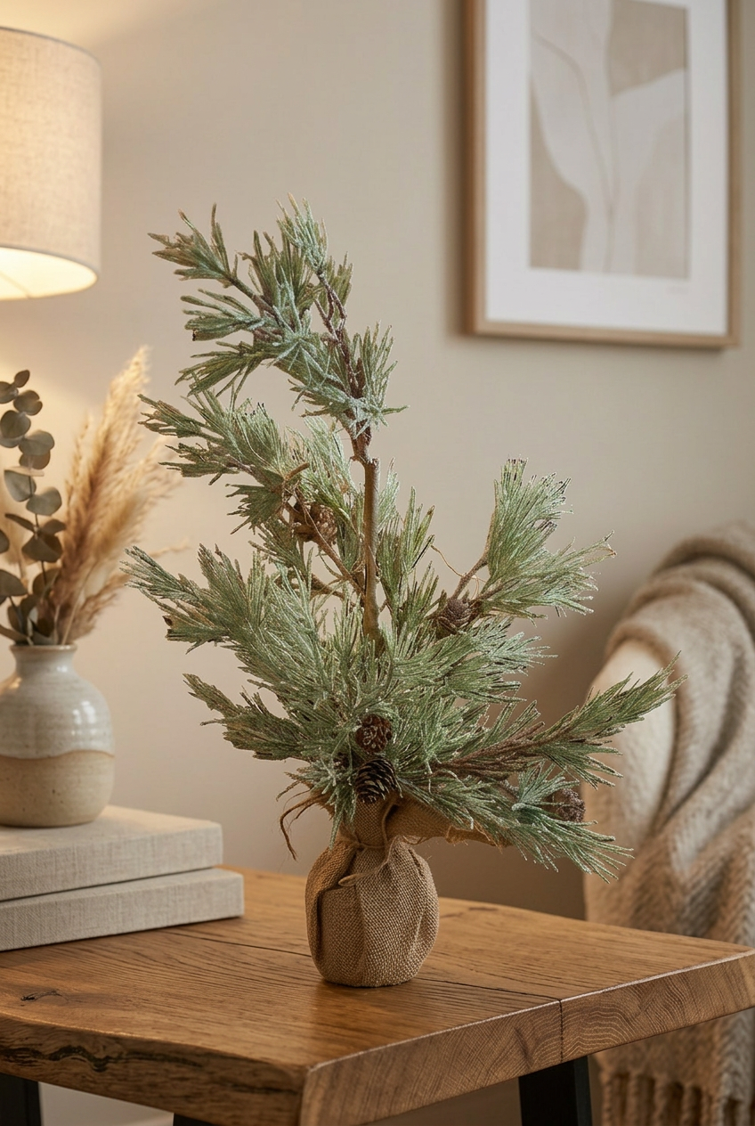 Small Pine Tree w/ Burlap, dusted needles, and pinecones in a burlap-wrapped base.