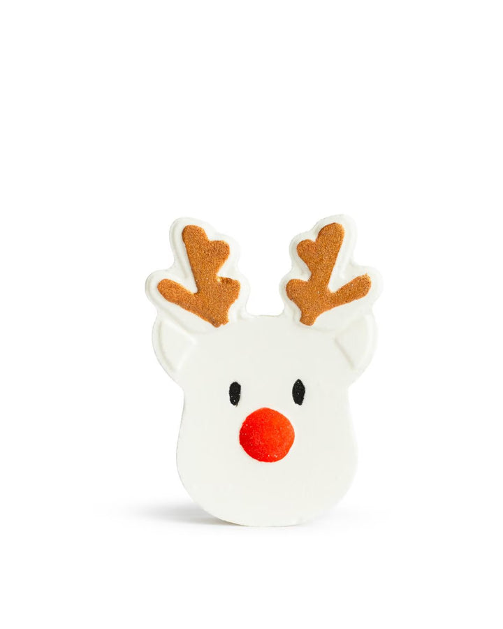 Reindeer Bath Fizzer | Sugar Plum, white reindeer-shaped fizzer with gold antlers and a red nose.