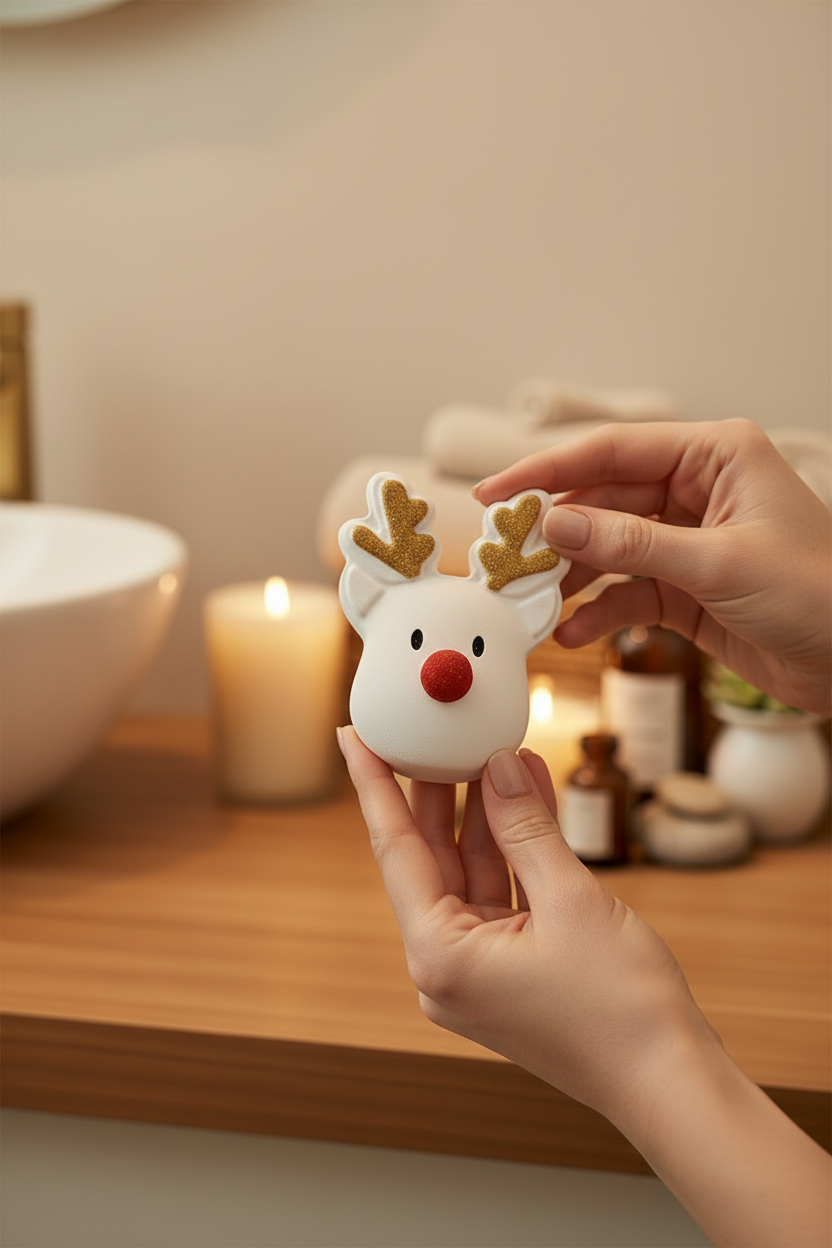 Reindeer Bath Fizzer, Sugar Plum, with gold glitter antlers and a red nose.