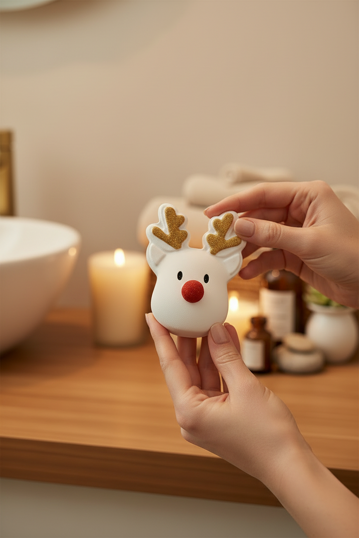 Reindeer Bath Fizzer, Sugar Plum, with gold glitter antlers and a red nose.