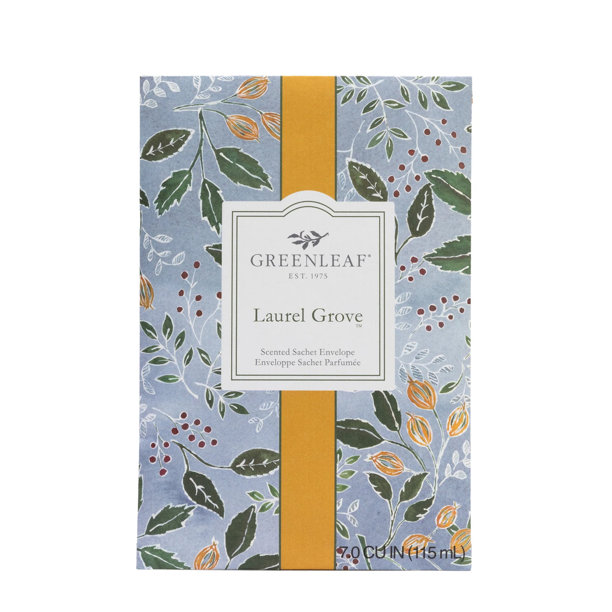 The Laurel Grove Sachet has a botanical leaf and berry pattern on a blue background with a gold vertical stripe and central label. Available in various sizes.