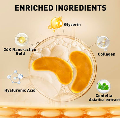 Diagram of Crystal Collagen Gold Powder Eye Mask, key ingredients labeled; available in pairs of 2 and 10.