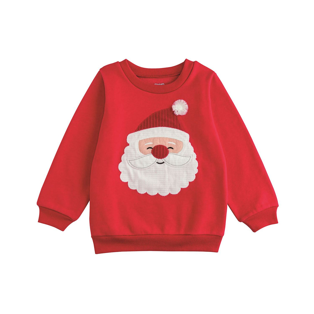 Red Happy Santa crewneck sweatshirt with pom-pom Santa face applique. Sizes available.