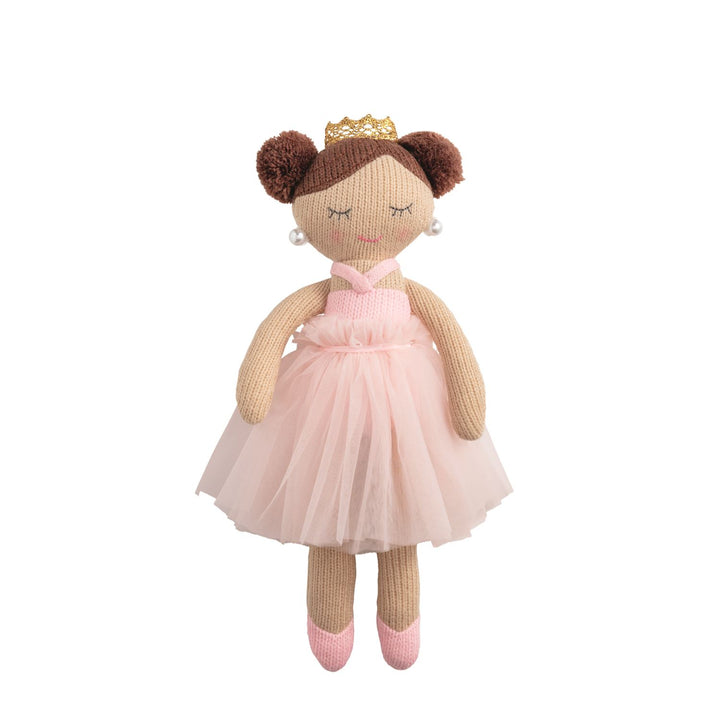 Princess Knit Doll with brown hair in two buns, pink tulle dress, ballet shoes, gold crown, and pearl earrings. Available sizes: small, medium, large.