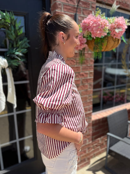 Maroon Striped Cinched Blouse, features cinched waist and striped pattern. Available in sizes XS–XL.