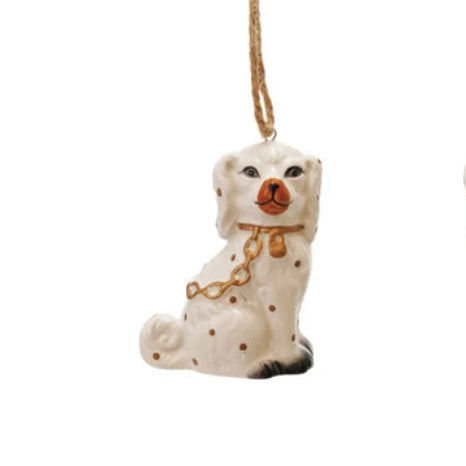 Ceramic Staffordshire Dog ornament with painted collar, gold chain, and twine loop.