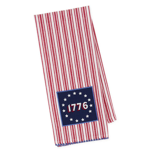 Betsy Ross Embellished Dishtowel, red and white stripes, blue "1776" patch with stars; available in one standard size.