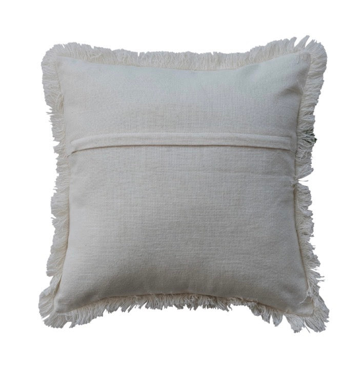 Off-white square Santa embroidered fringe throw pillow with fringe border and back zipper.