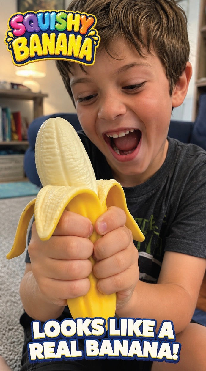 A lifelike Squishy Banana Sensory Food Toy is shown, with vibrant text “SQUISHY BANANA” and “LOOKS LIKE A REAL BANANA!” Sizes available: standard and jumbo.