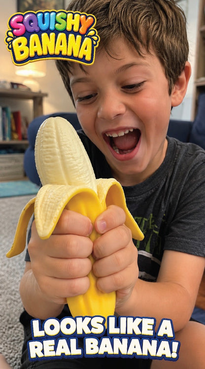 A lifelike Squishy Banana Sensory Food Toy is shown, with vibrant text “SQUISHY BANANA” and “LOOKS LIKE A REAL BANANA!” Sizes available: standard and jumbo.