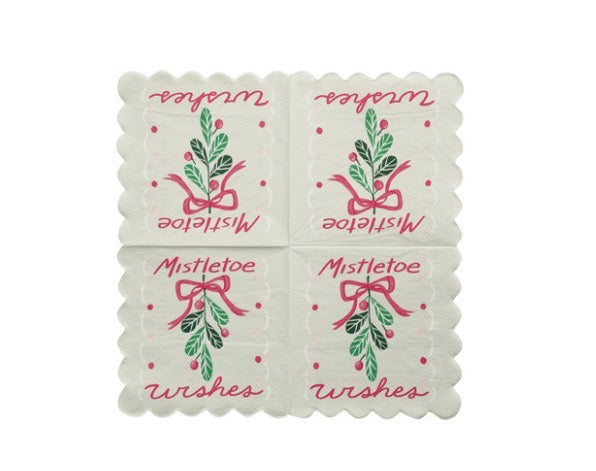 Four Mistletoe Wishes Scalloped Cocktail Napkins featuring a mistletoe illustration with a pink bow and “Mistletoe Wishes” text.