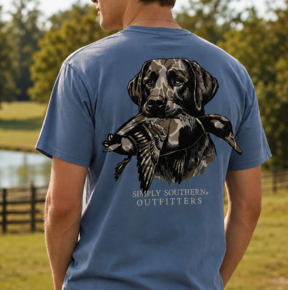 Mens Mud Lab Mineral Washed T-Shirt with retriever duck graphic, two ducks, and “SIMPLY SOUTHERN OUTFITTERS” text. Available in sizes S-XXL.