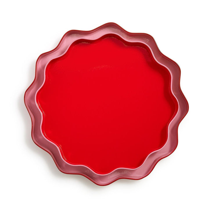 Circular scalloped tray with a bright red center and dark pink scalloped edge.