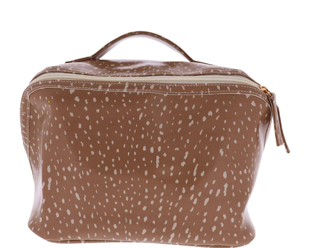 Brown cosmetic bag with white dotted pattern, zipper closure, small top handle; available in Large size.