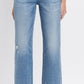 Periwinkle High Rise Frayed Hem Straight Jeans in comfort stretch denim, slight distressing, frayed hems. Sizes 24–32.