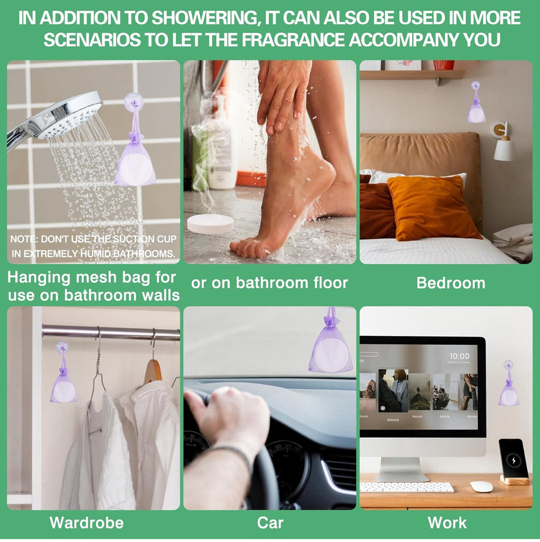 Shower Steamers in a mesh bag, multiple settings; available in small, medium, and large sizes.
