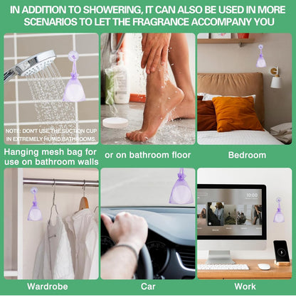 Shower Steamers in a mesh bag, multiple settings; available in small, medium, and large sizes.