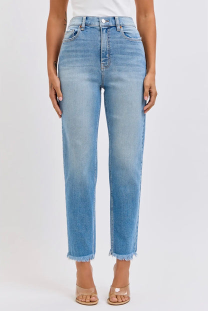 Distressed High Rise Mom Jeans in light blue with raw, frayed hems. Available in sizes 24–32.