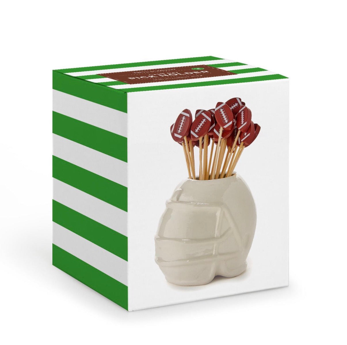 Ceramic football helmet pick holder, includes toothpicks topped with mini footballs, packaged in a green and white striped box; sizes available not specified.