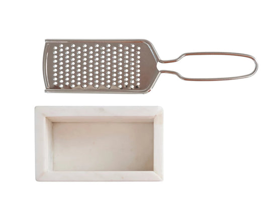 Marble and stainless steel grater with handle, fits atop a rectangular marble container. Available sizes: small, medium, large.