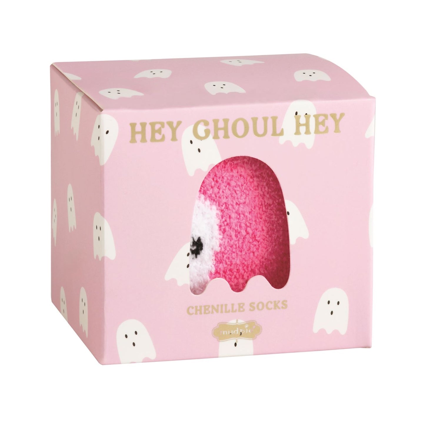 Pink "Halloween Sock Set" box with white ghosts, gold text, ghost window reveals fuzzy chenille socks. Sizes: S/M, M/L.