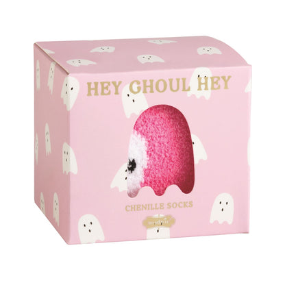 Pink "Halloween Sock Set" box with white ghosts, gold text, ghost window reveals fuzzy chenille socks. Sizes: S/M, M/L.