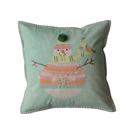 18” square cotton snowman printed pillow with pom-pom.