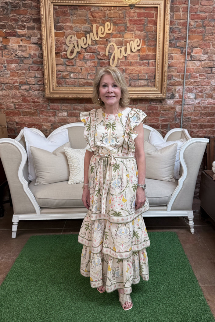 Cabana Tiered Dress with flowing, layered design; available in sizes XS–XL.