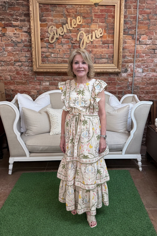 Cabana Tiered Dress with flowing, layered design; available in sizes XS–XL.