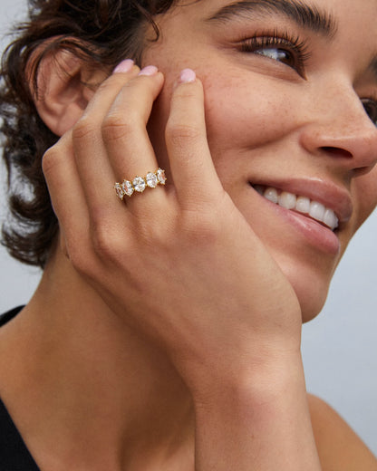 Kendra Scott Cailin Crystal Gold Band with oval-cut white crystals, shown in gold. Available in sizes 5–9.