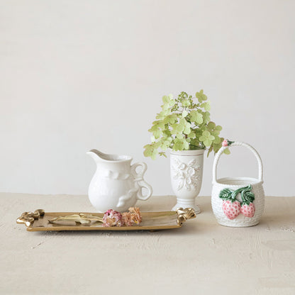Stoneware Pitcher with Bow Handle on gold tray. Available in small, medium, and large sizes.