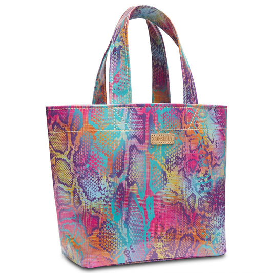 Colorful Grab ‘n’ Go Mini tote with abstract snakeskin in pink, purple, blue, yellow, orange. Two handles. Front logo patch. Sizes vary.