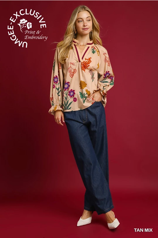 Tan floral print top with colorful embroidery. Text: "SINGEE EXCLUSIVE Print & Embroidery," "TAN MIX." Sizes: XS-XL.