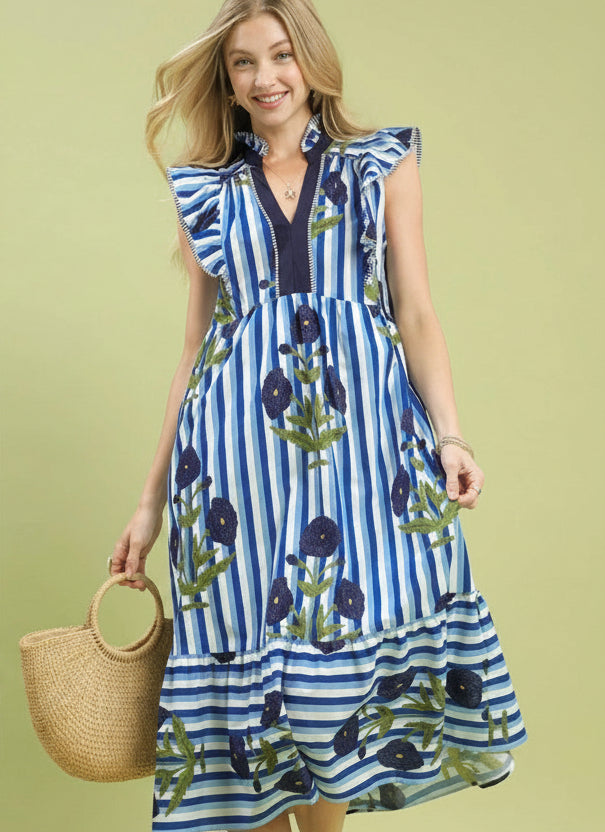 Blue Striped Floral Dress with delicate floral patterns; cotton material; available in sizes XS-XL.