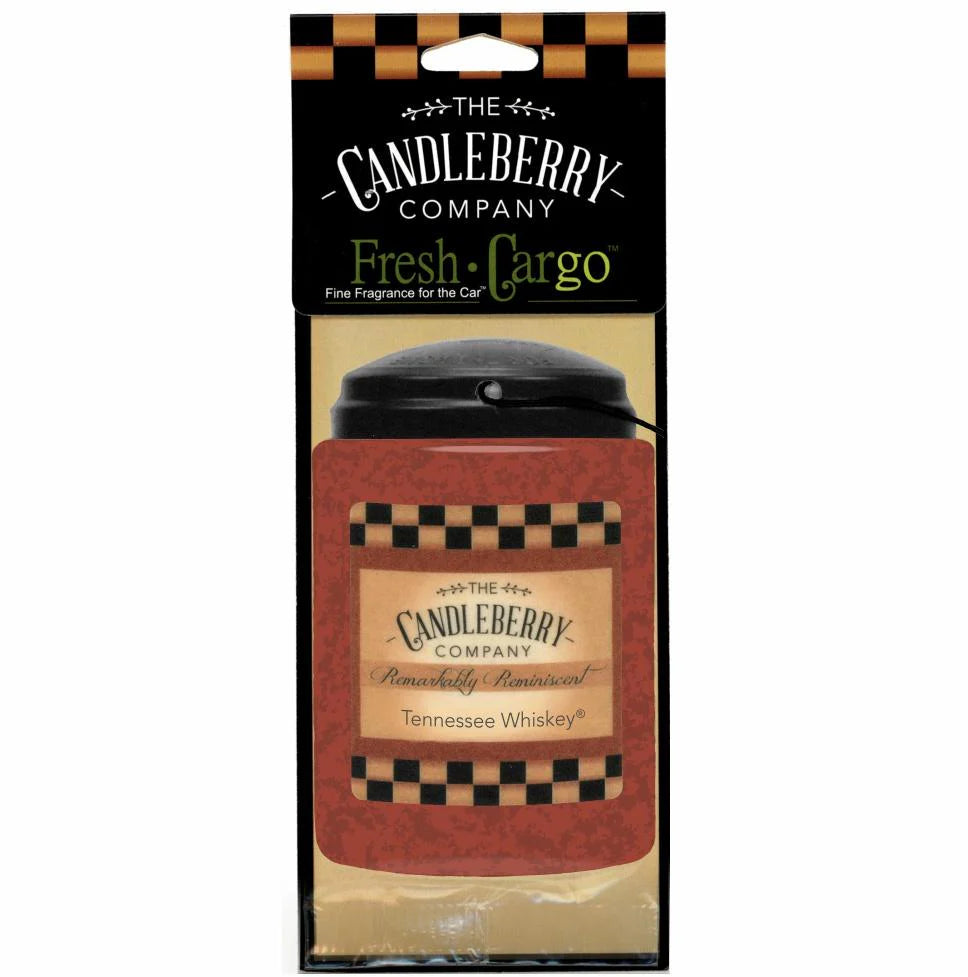 Candleberry Car Freshener, Tennessee Whiskey scent, red/black label with checkered border. Available in multiple sizes.