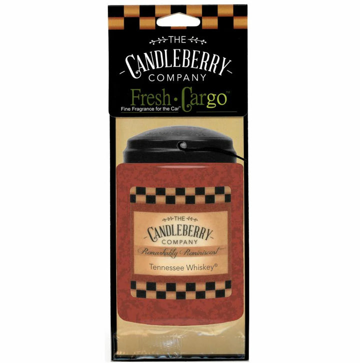 Candleberry Car Freshener, Tennessee Whiskey scent, red/black label with checkered border. Available in multiple sizes.