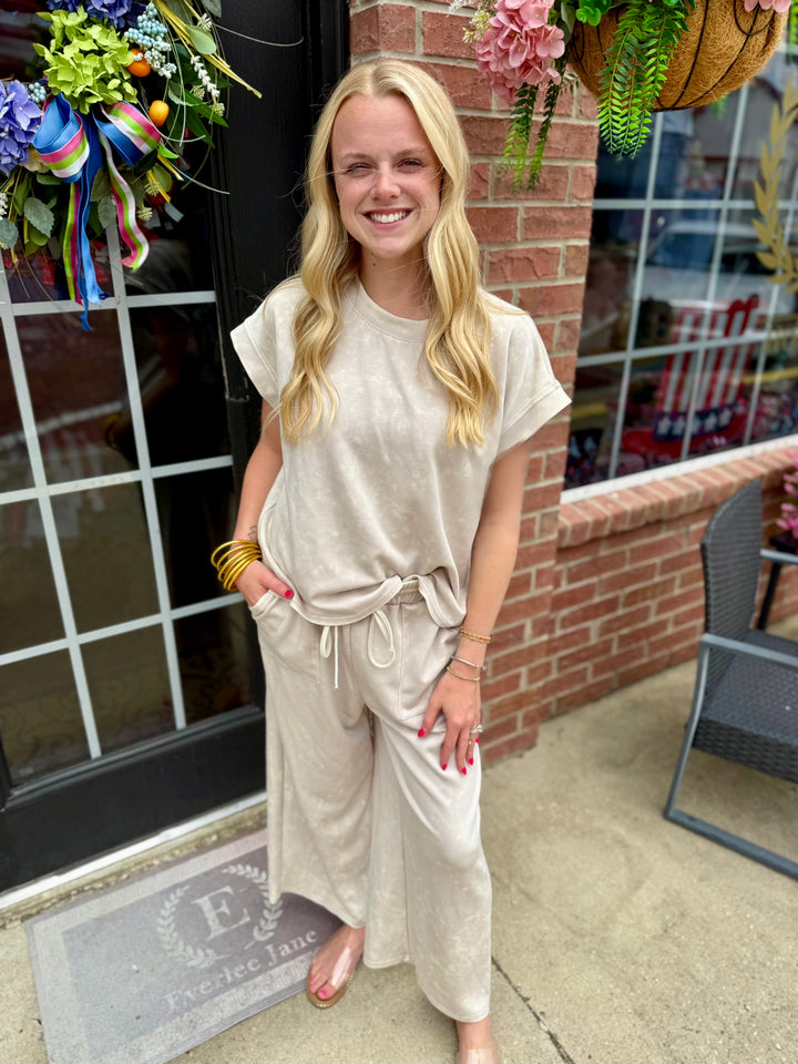 Mineral Wash Bone Scuba Lounge Set with wide leg pants. Available in sizes S-XL.