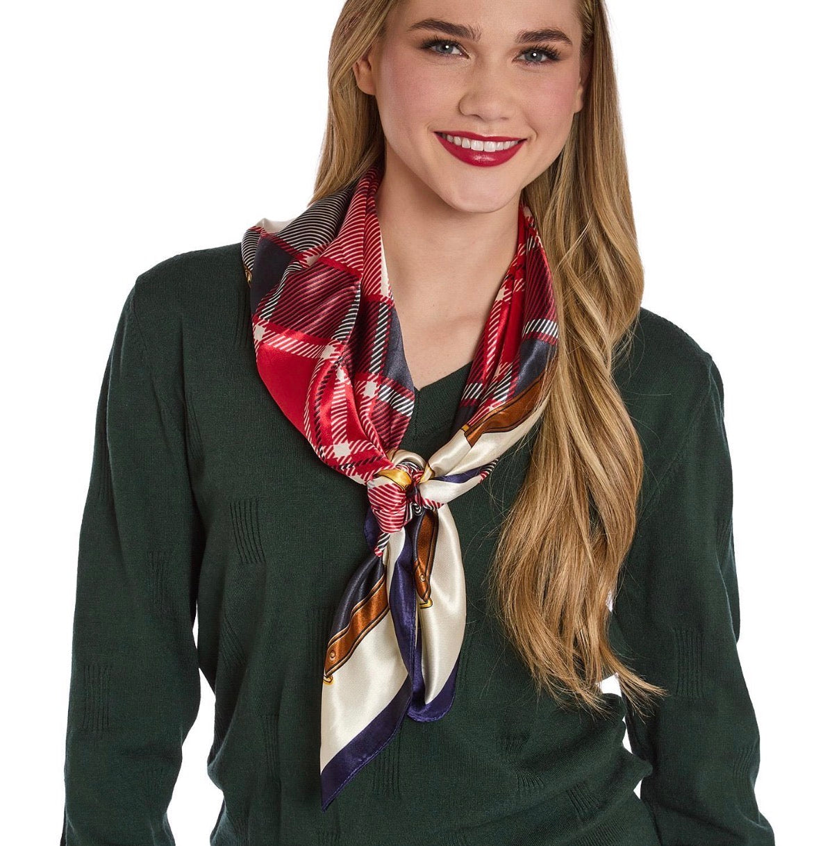 Tartan Silk Scarf with a silky red, white, and navy tartan pattern; available in multiple sizes.