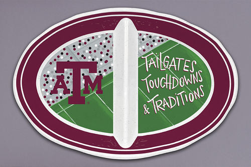 Texas A&M 2 Section Mel Never Lost platter with oval, football-inspired design, features "Tailgates, Touchdowns & Traditions" and Texas A&M logo. Available in multiple sizes.