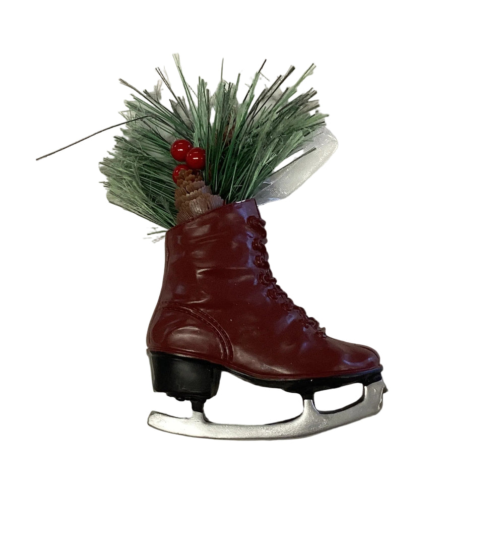 Maroon Ice Skate Boot Ornament with pine decor. Available in multiple sizes.