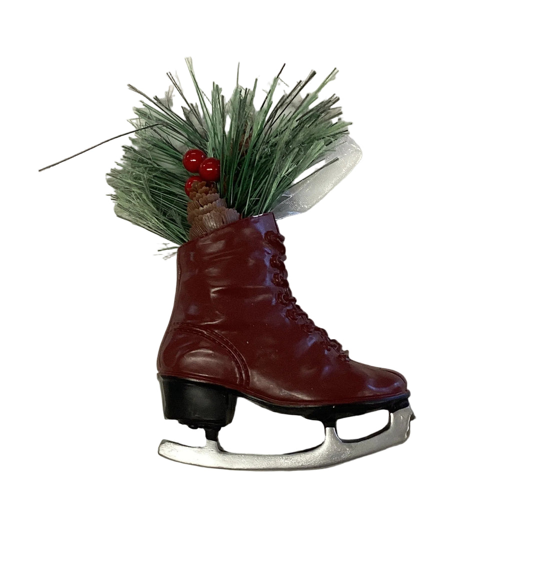 Maroon Ice Skate Boot Ornament with pine decor. Available in multiple sizes.