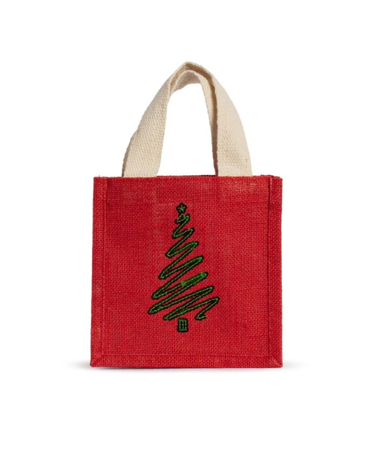 Christmas Tree Sequin Petite Gift Tote, a small red sequin bag with top handles and a green Christmas tree design.
