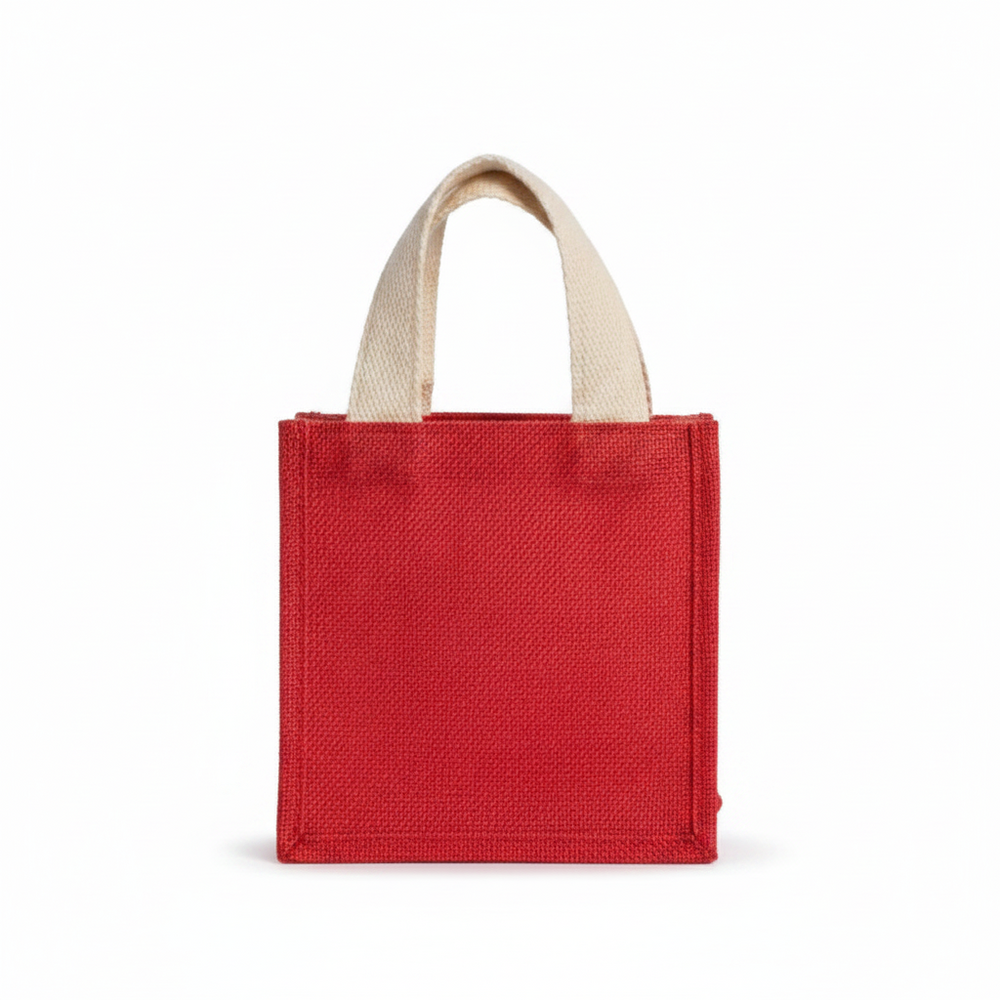 Small red Christmas Tree Sequin Petite square gift tote with cream-colored handles.