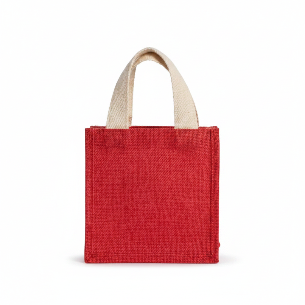 Small red Christmas Tree Sequin Petite square gift tote with cream-colored handles.