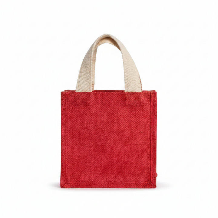 Small red Christmas Tree Sequin Petite square gift tote with cream-colored handles.