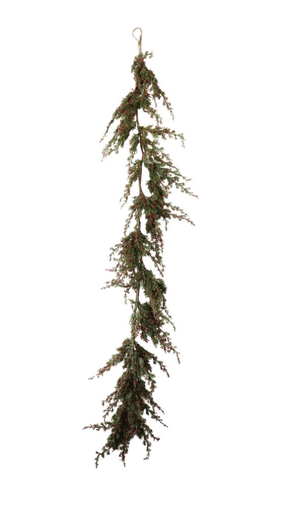 Faux cypress garland with red berries and hanging loop.