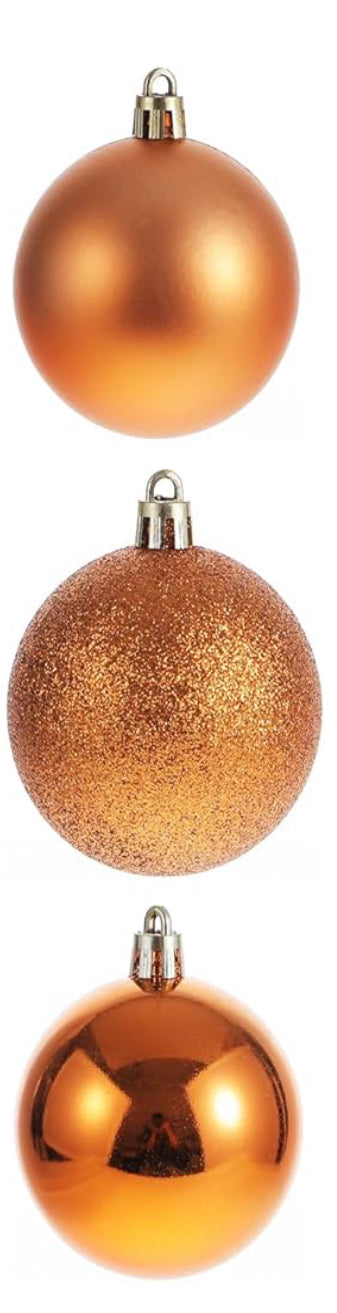 Three orange ball ornaments with metal caps in matte, glittery, and glossy finishes.