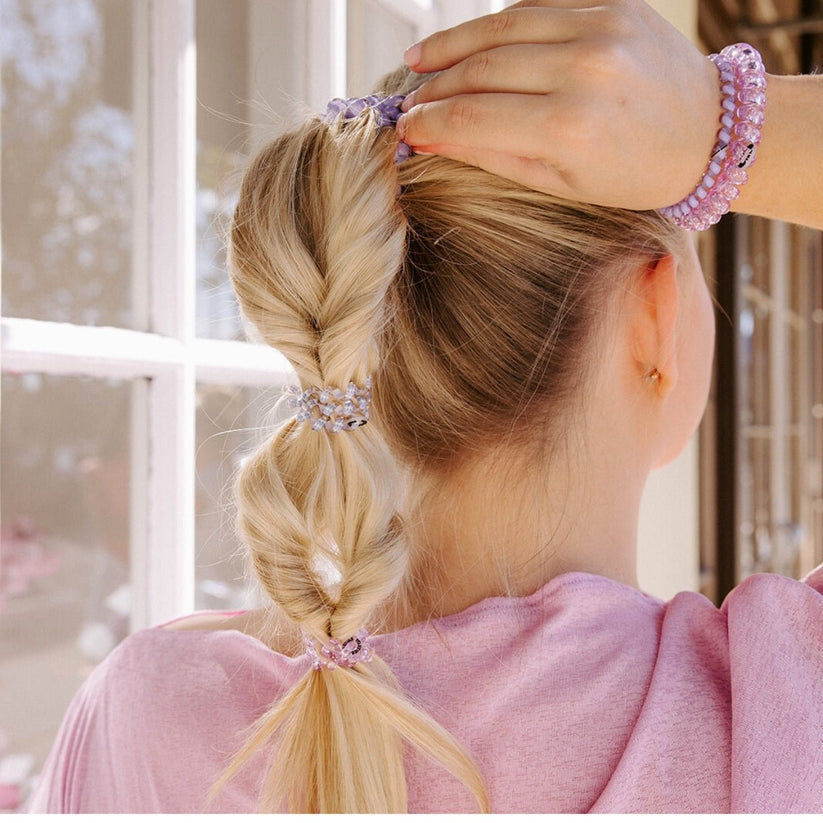 Classic Lavender Mist TELETIES secure a bubble ponytail; available in small, medium, and large.