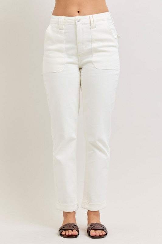 Judy Blue Aurora Weekender White Jeans – high rise, straight cut, front patch pockets, double-button; sizes 0-24.